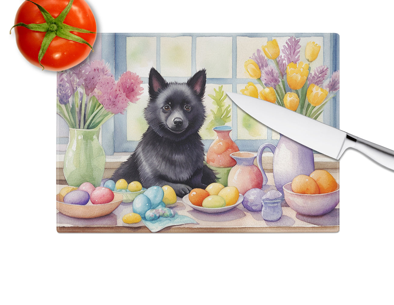 Decorating Easter Schipperke Glass Cutting Board