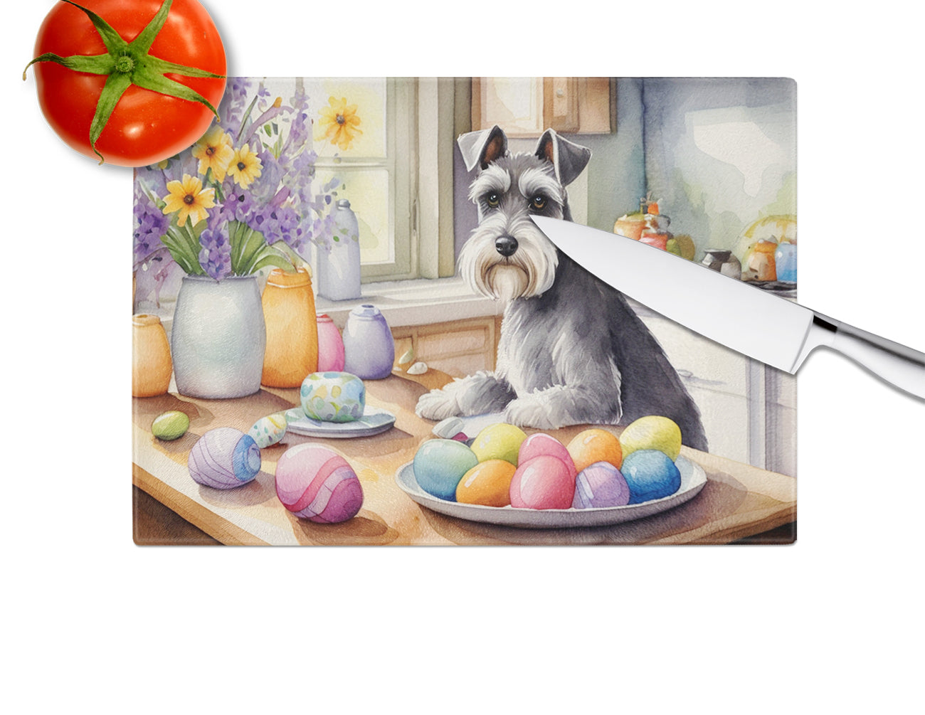 Decorating Easter Schnauzer Glass Cutting Board