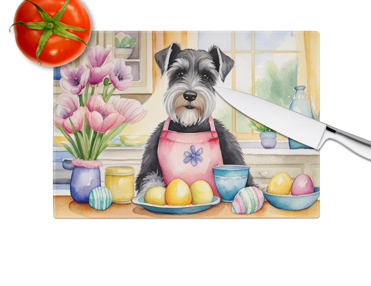 Decorating Easter Schnauzer Glass Cutting Board