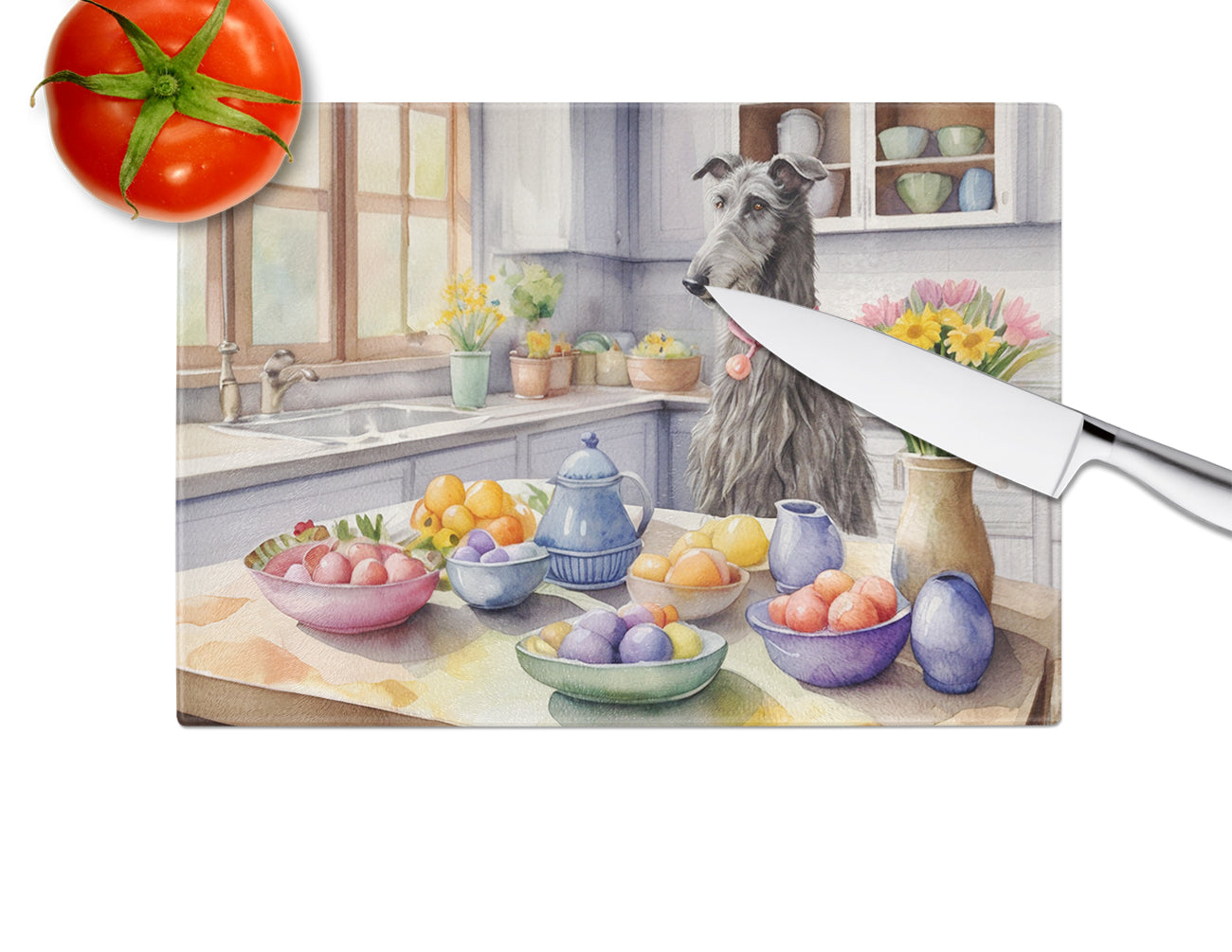 Decorating Easter Scottish Deerhound Glass Cutting Board