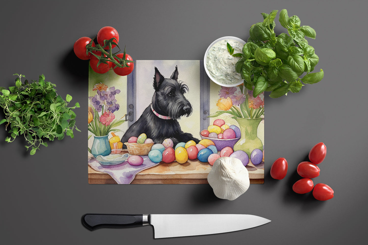 Decorating Easter Scottish Terrier Glass Cutting Board