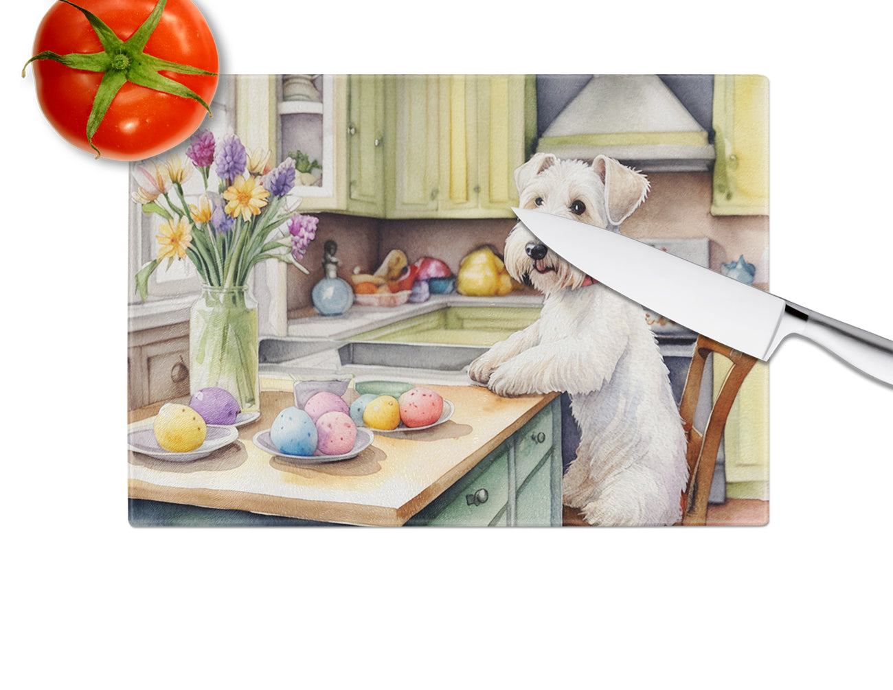 Decorating Easter Sealyham Terrier Glass Cutting Board