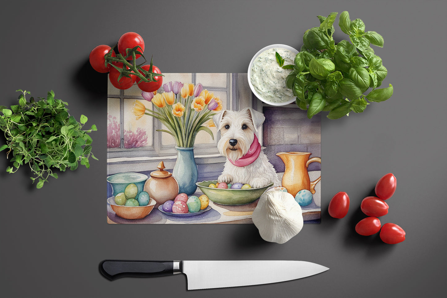 Decorating Easter Sealyham Terrier Glass Cutting Board