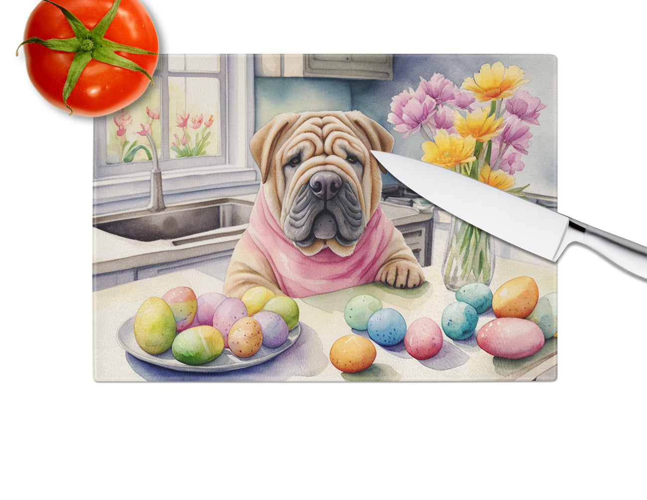 Decorating Easter Shar Pei Glass Cutting Board