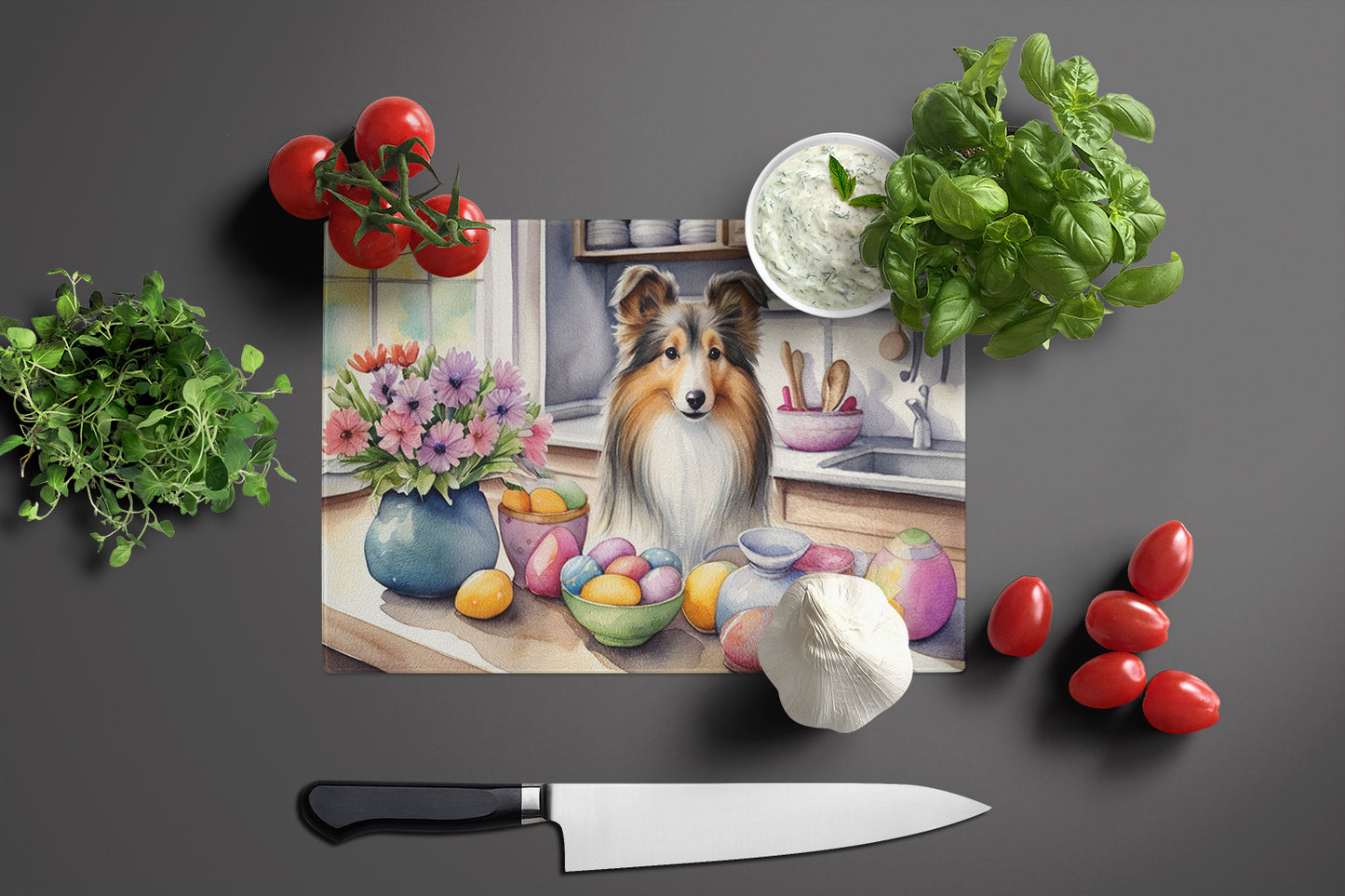 Decorating Easter Sheltie Glass Cutting Board