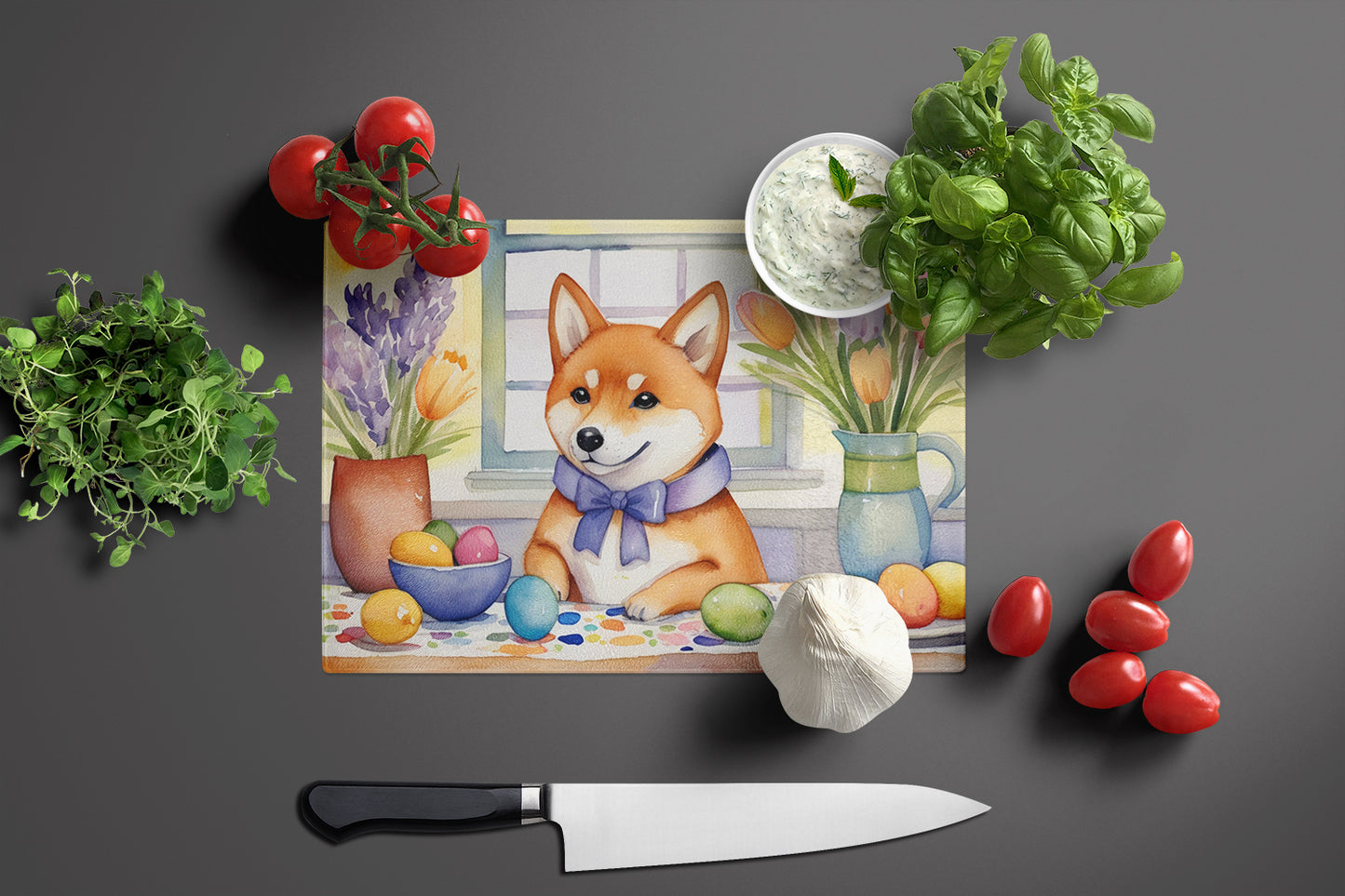 Decorating Easter Shiba Inu Glass Cutting Board