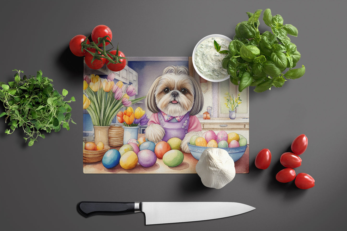 Decorating Easter Shih Tzu Glass Cutting Board