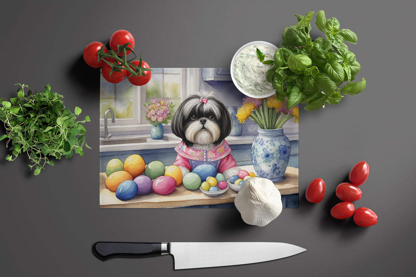 Decorating Easter Shih Tzu Glass Cutting Board