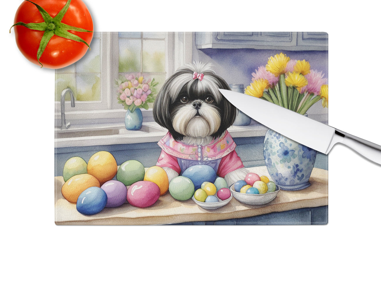 Decorating Easter Shih Tzu Glass Cutting Board