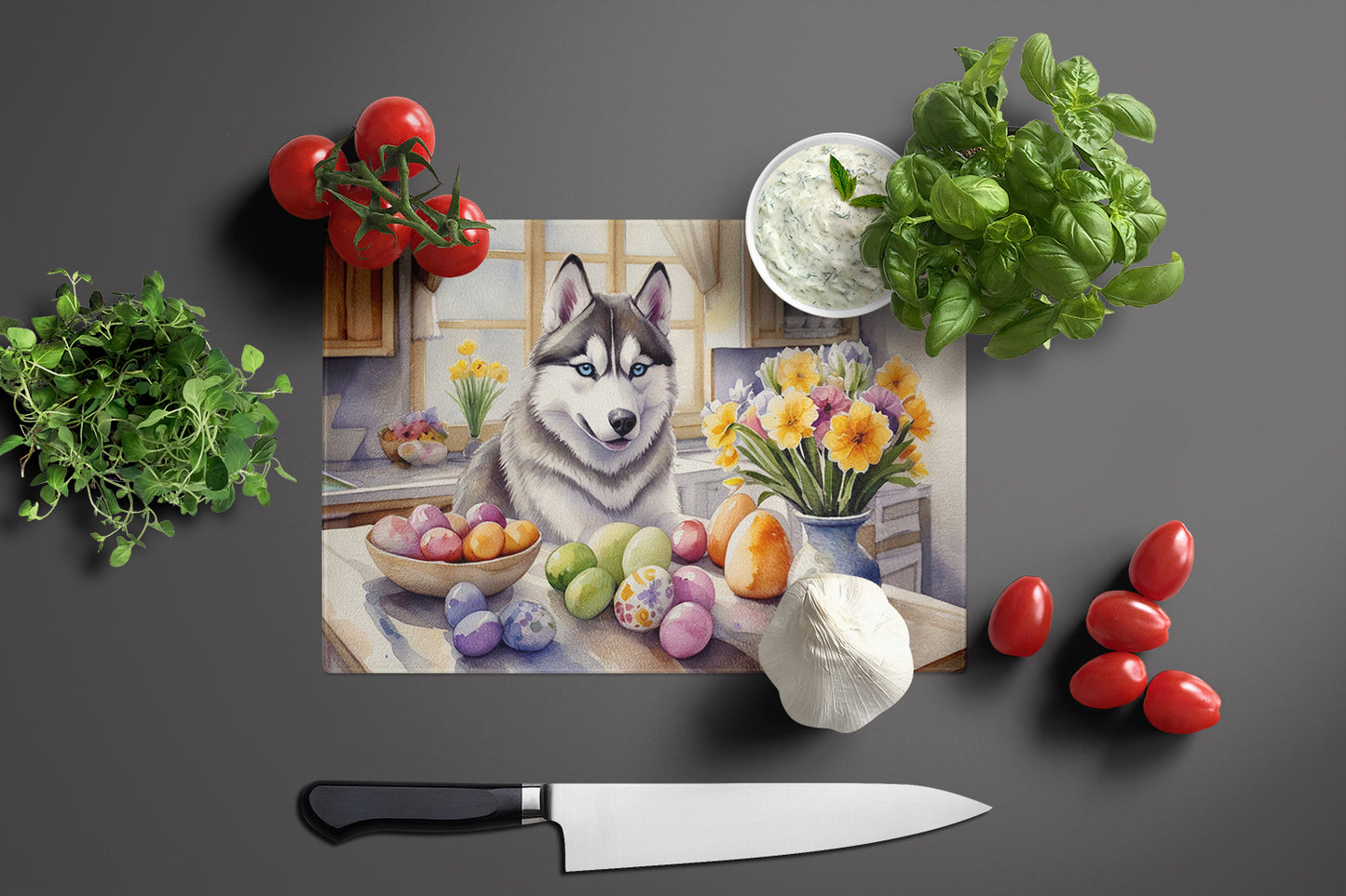 Decorating Easter Siberian Husky Glass Cutting Board