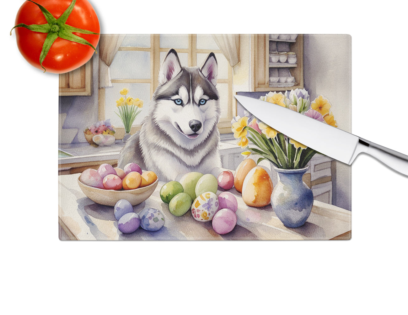 Decorating Easter Siberian Husky Glass Cutting Board