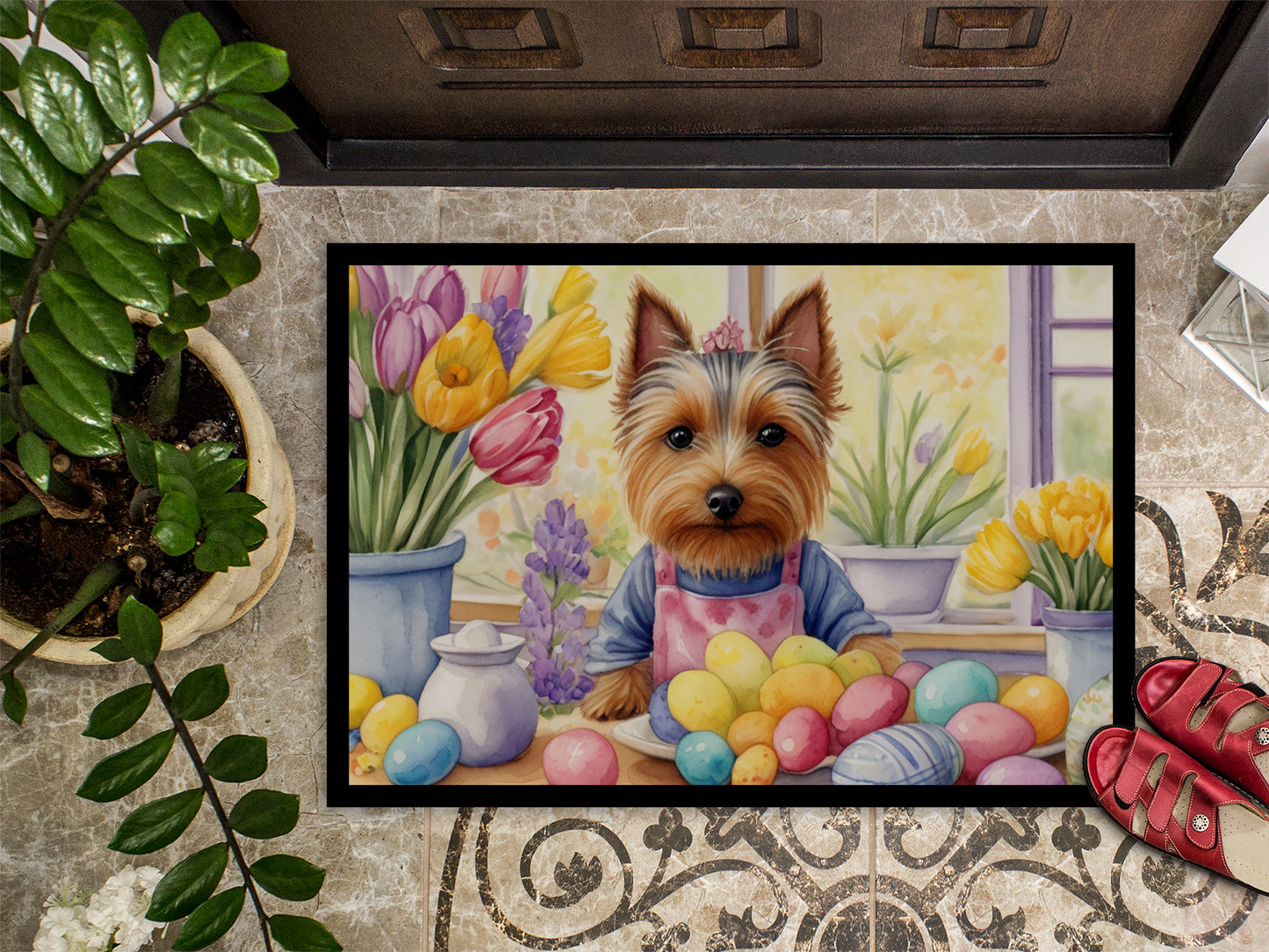 Decorating Easter Silky Terrier Doormat