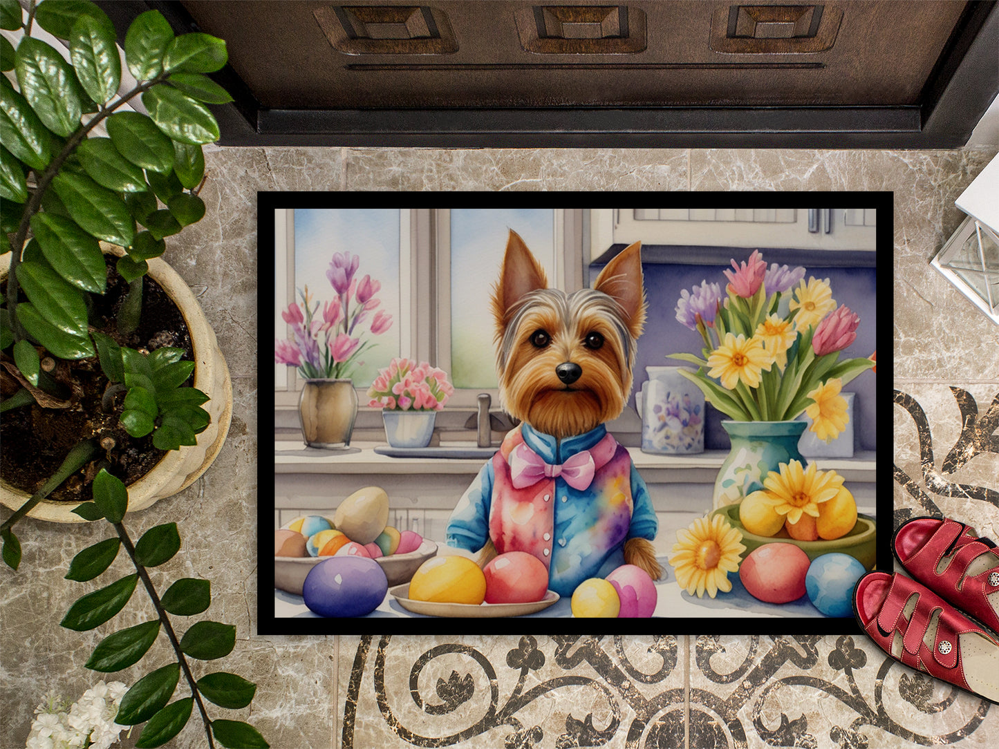 Decorating Easter Silky Terrier Doormat