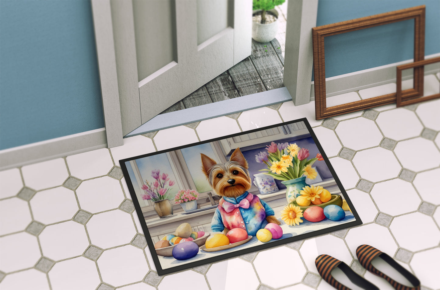 Decorating Easter Silky Terrier Doormat