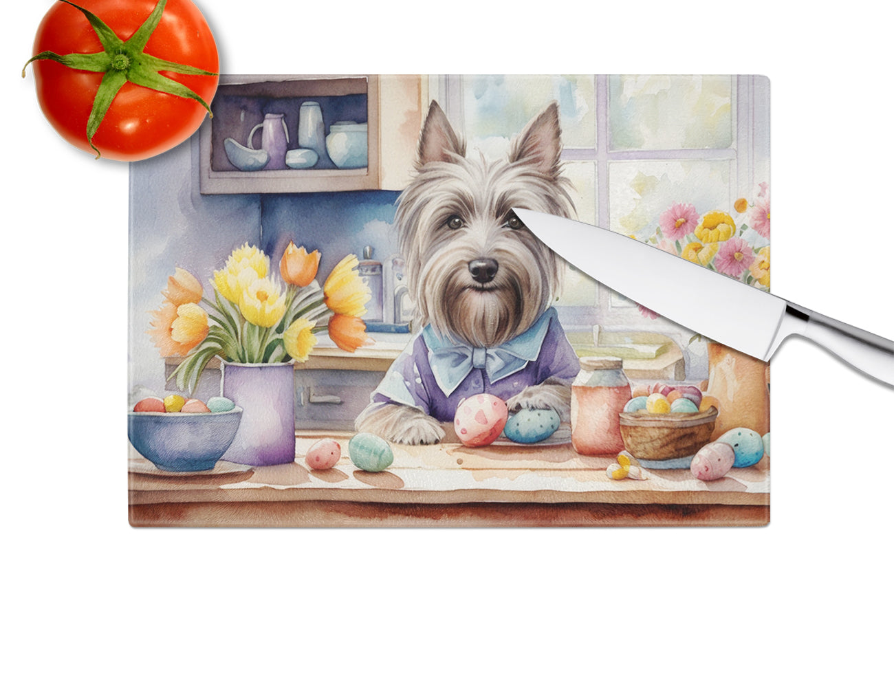 Decorating Easter Skye Terrier Glass Cutting Board