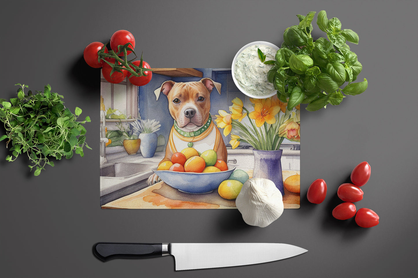 Decorating Easter Staffordshire Bull Terrier Glass Cutting Board