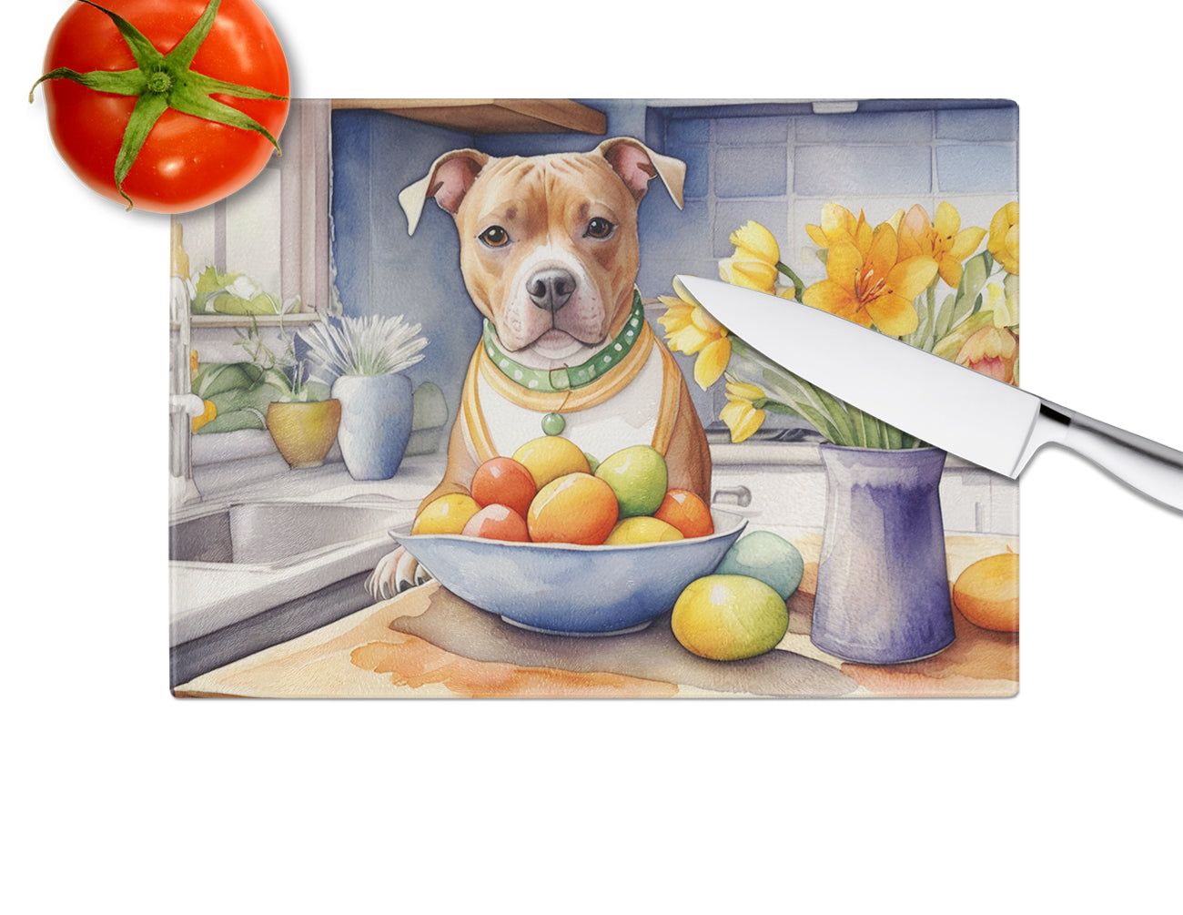 Decorating Easter Staffordshire Bull Terrier Glass Cutting Board