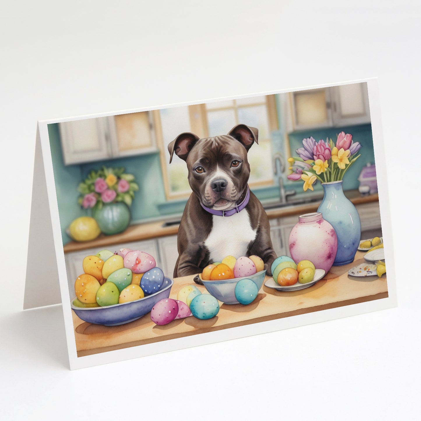 Buy this Decorating Easter Staffordshire Bull Terrier Greeting Cards Pack of 8