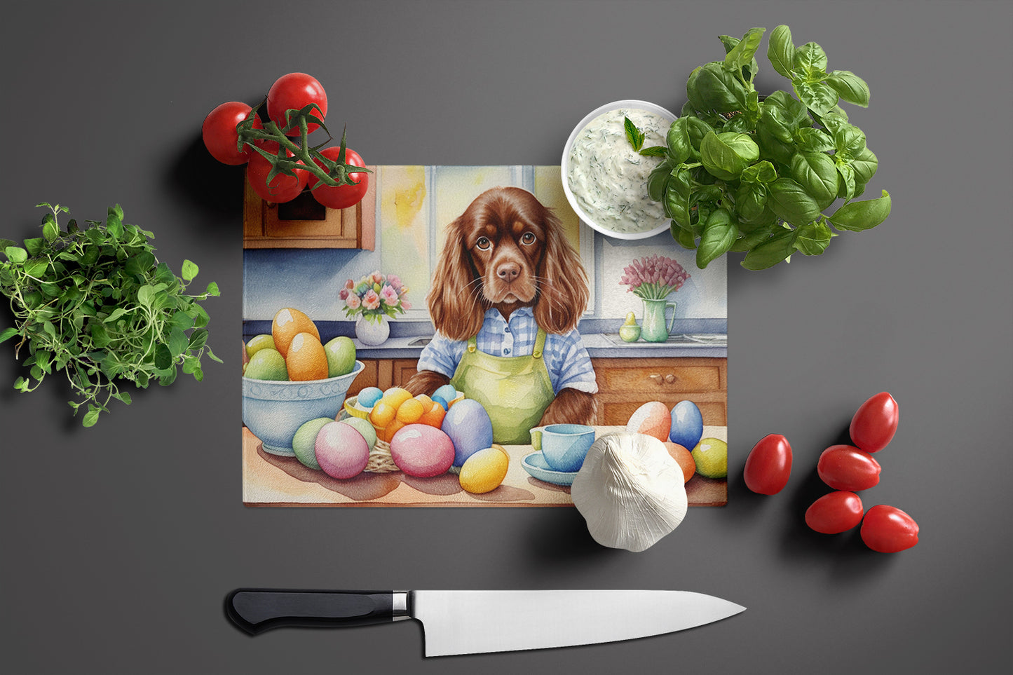 Decorating Easter Sussex Spaniel Glass Cutting Board