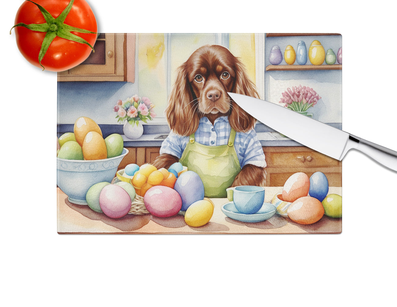 Decorating Easter Sussex Spaniel Glass Cutting Board