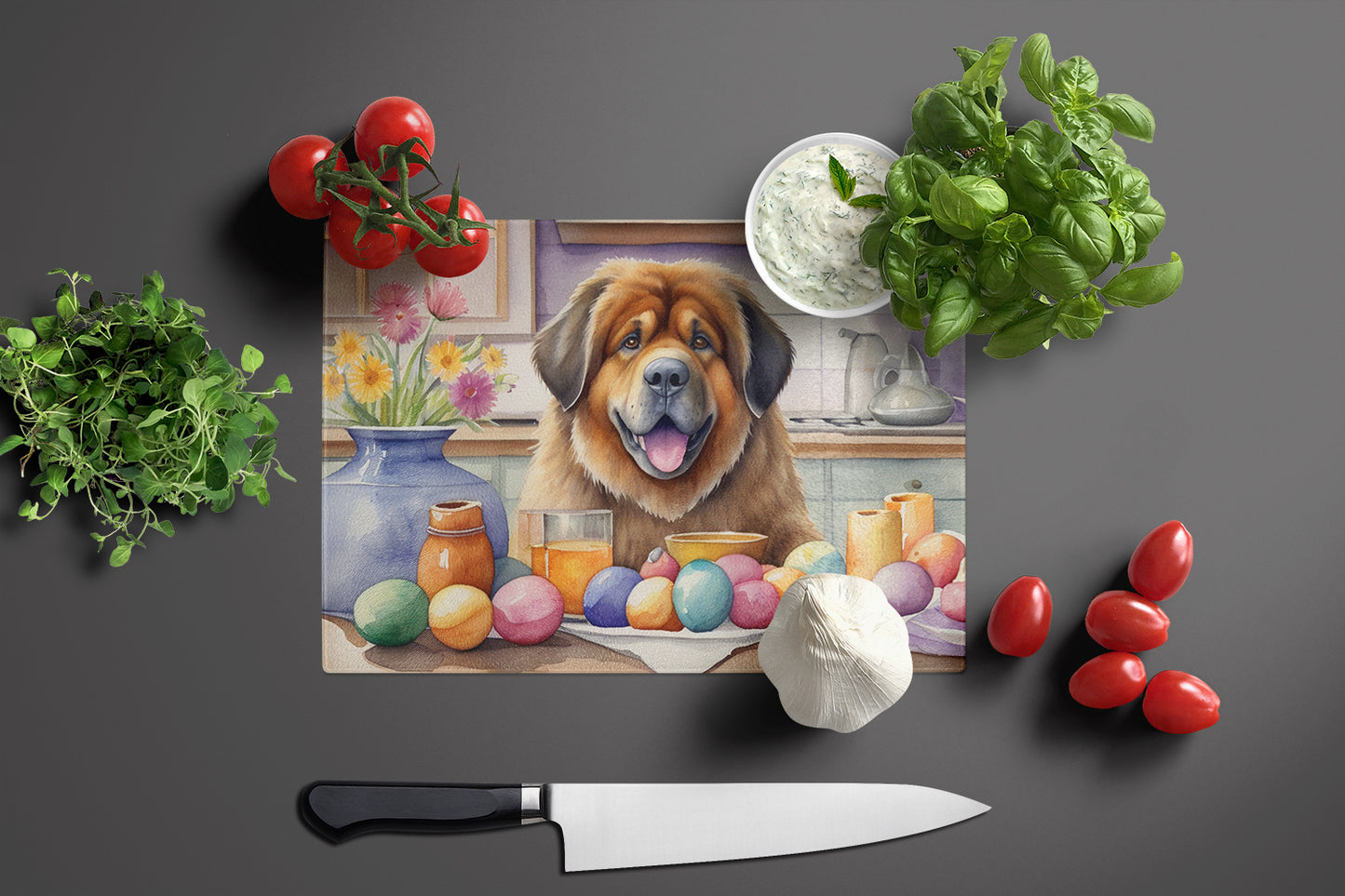 Decorating Easter Tibetan Mastiff Glass Cutting Board