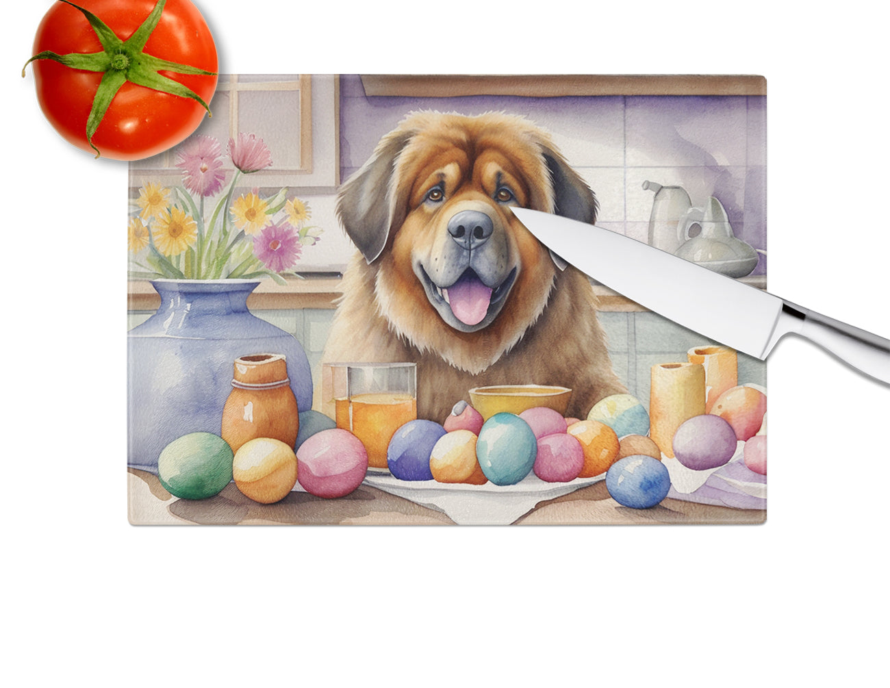 Decorating Easter Tibetan Mastiff Glass Cutting Board