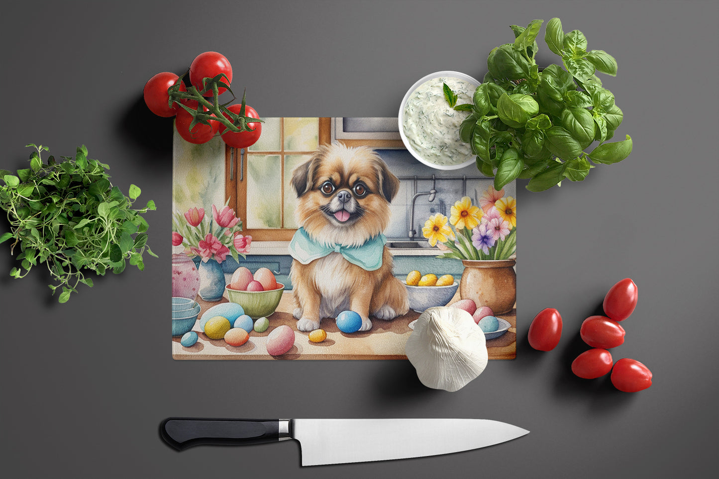 Decorating Easter Tibetan Spaniel Glass Cutting Board