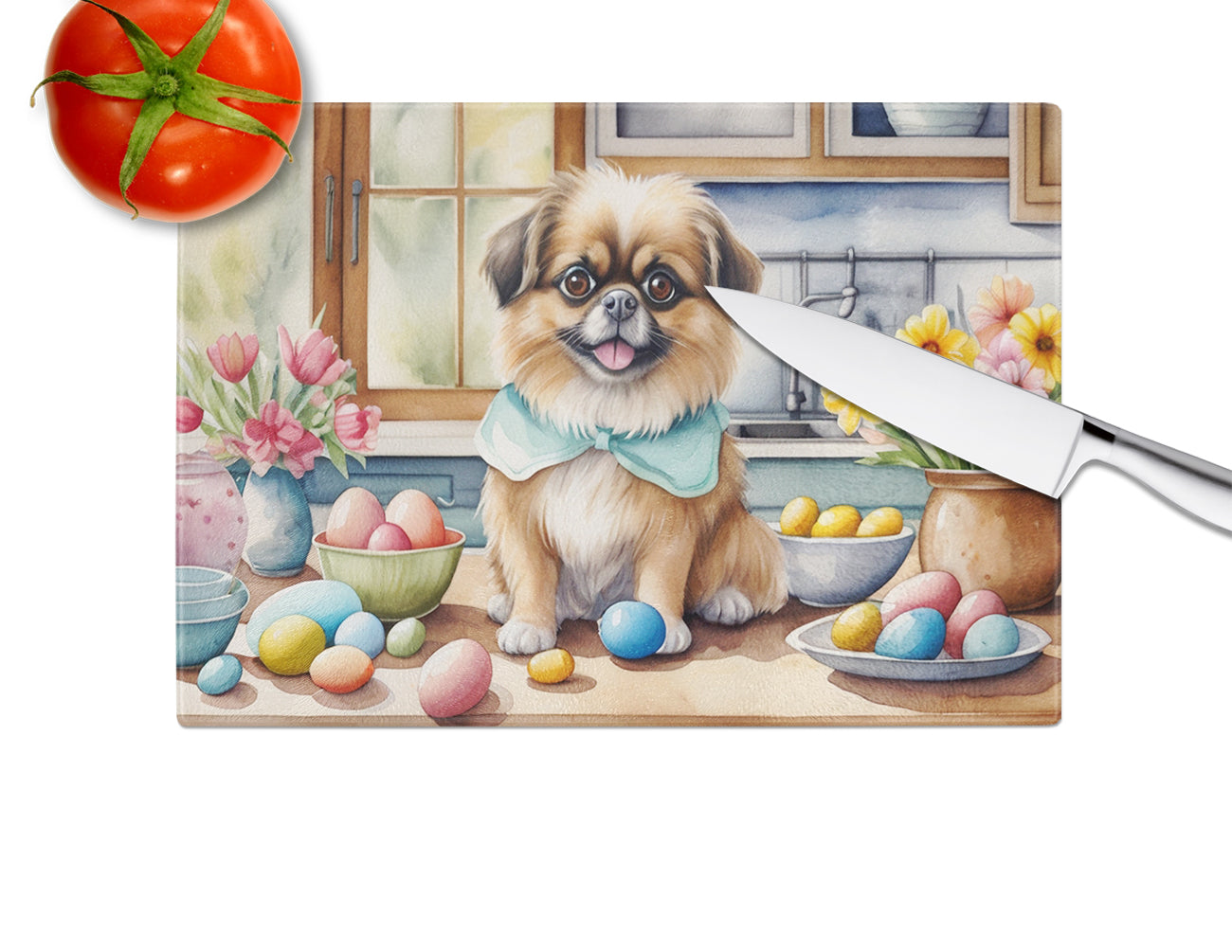 Decorating Easter Tibetan Spaniel Glass Cutting Board