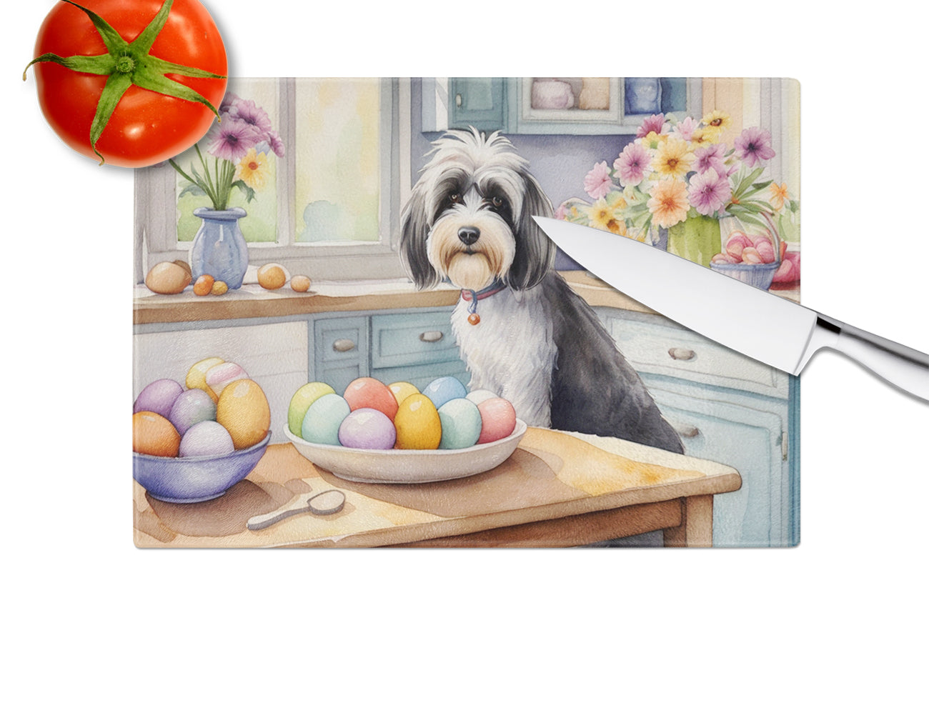 Decorating Easter Tibetan Terrier Glass Cutting Board