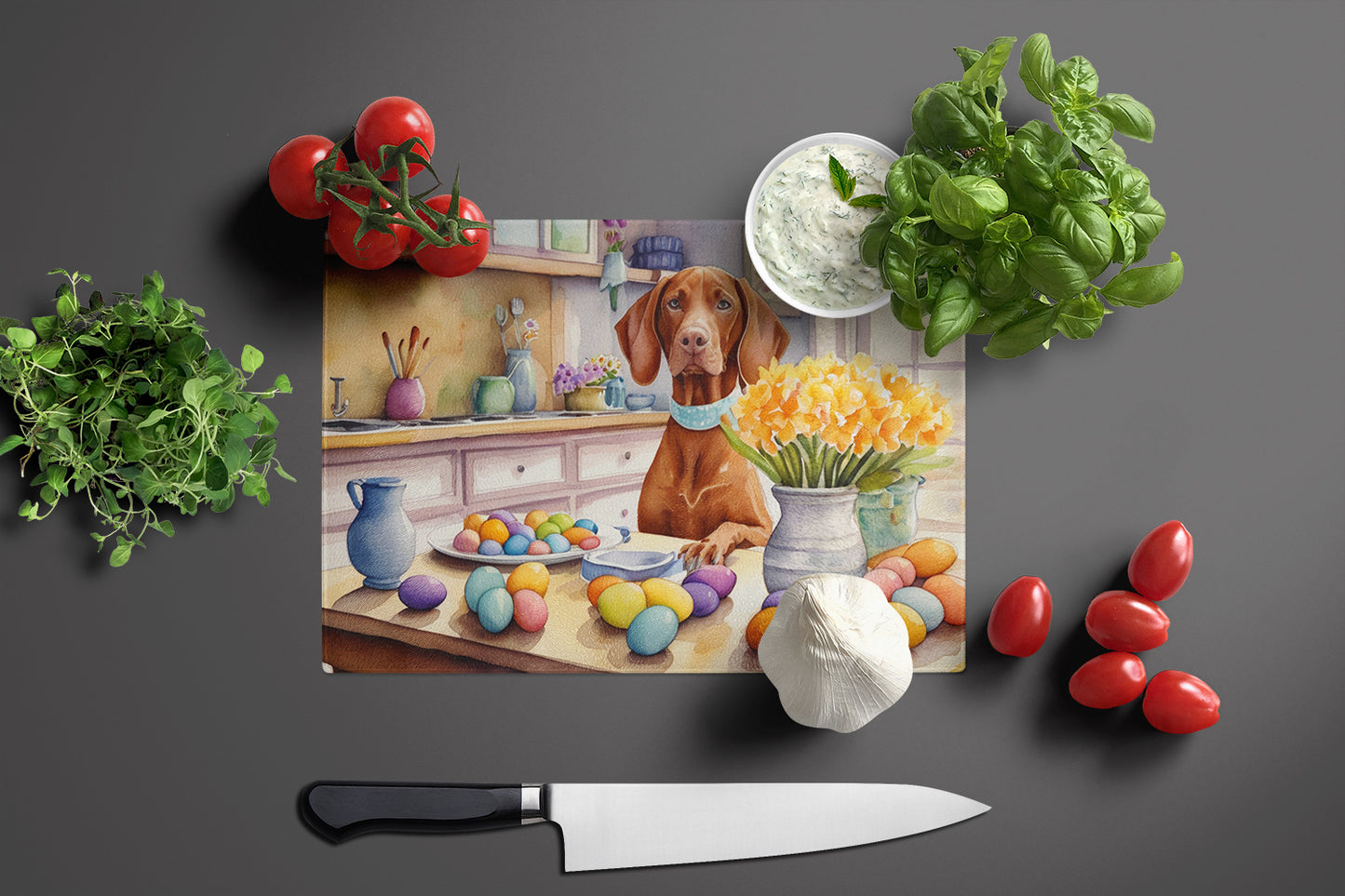 Decorating Easter Vizsla Glass Cutting Board