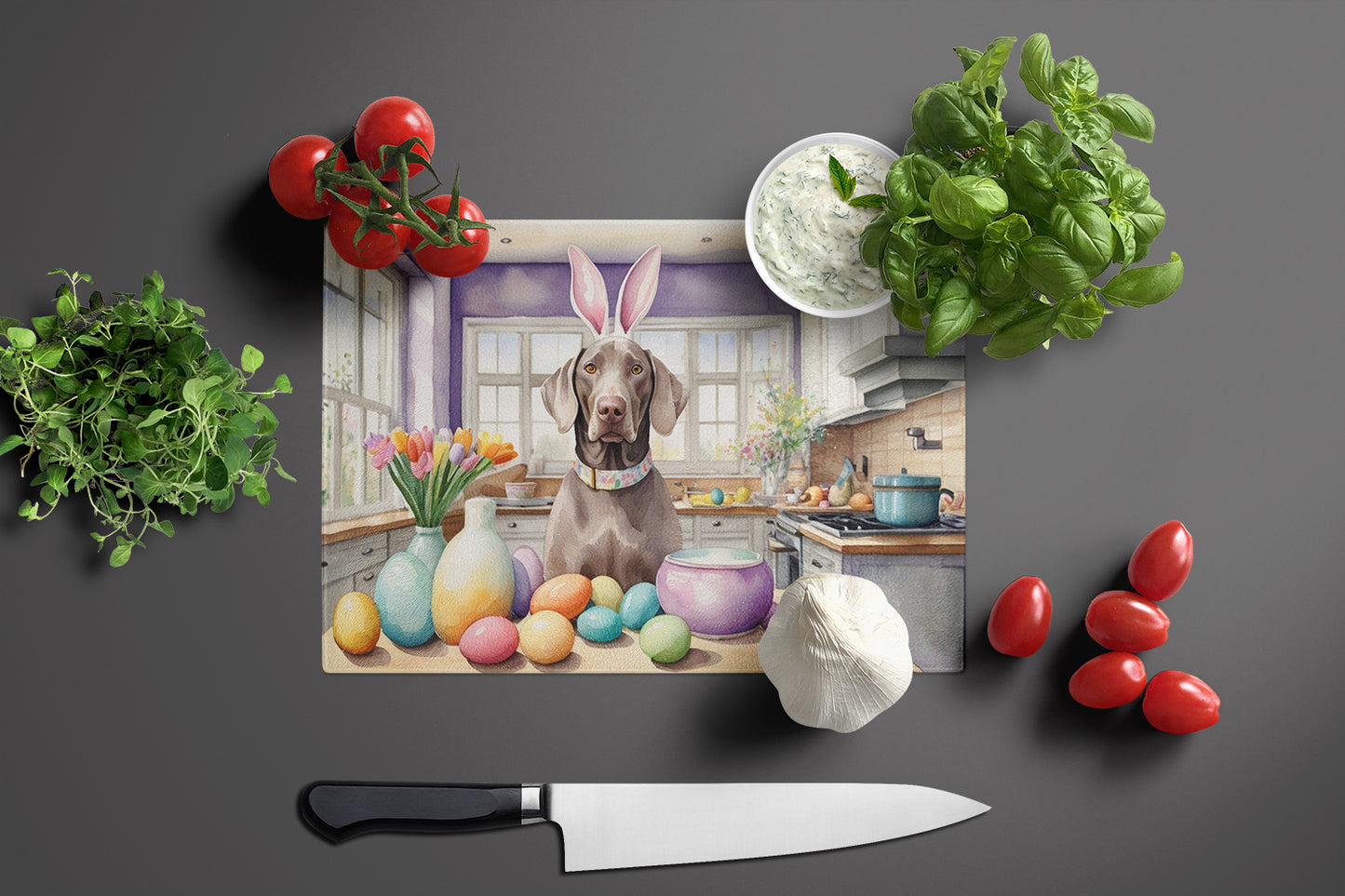 Decorating Easter Weimaraner Glass Cutting Board