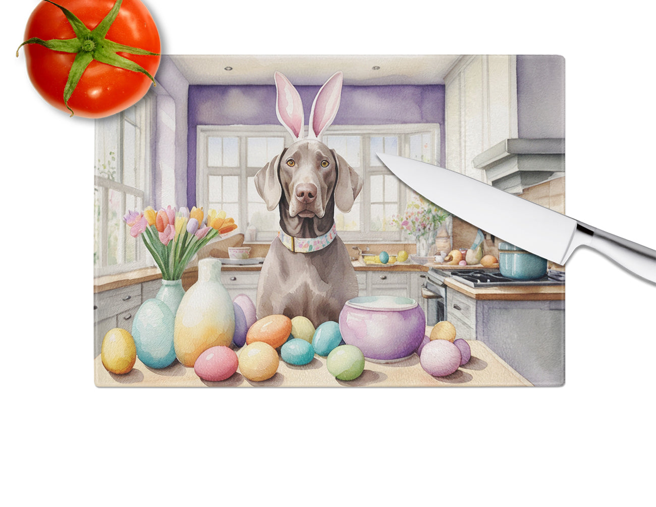 Decorating Easter Weimaraner Glass Cutting Board