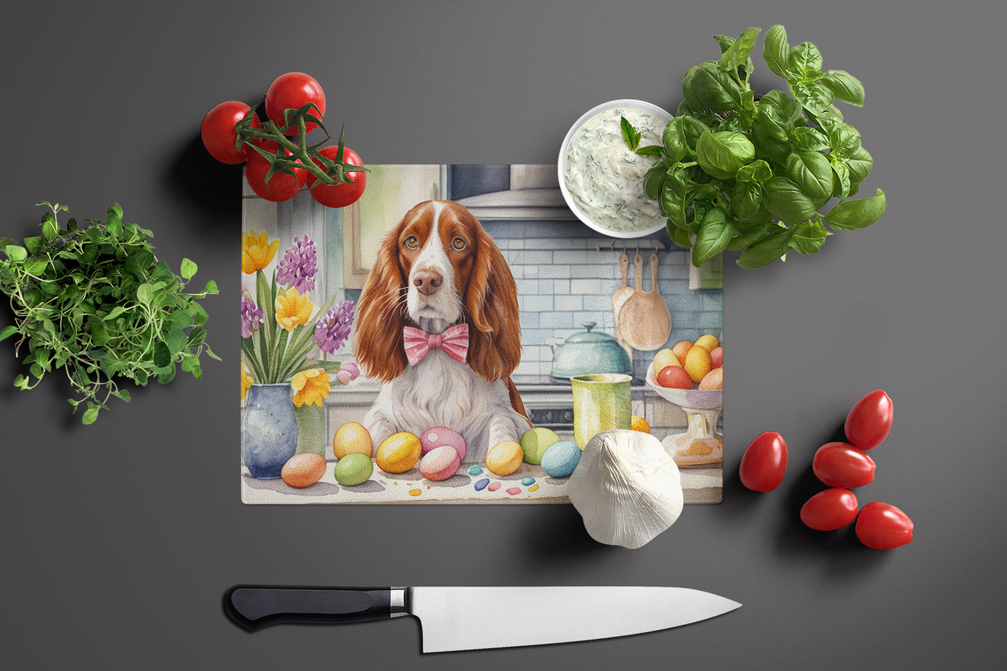 Decorating Easter Welsh Springer Spaniel Glass Cutting Board