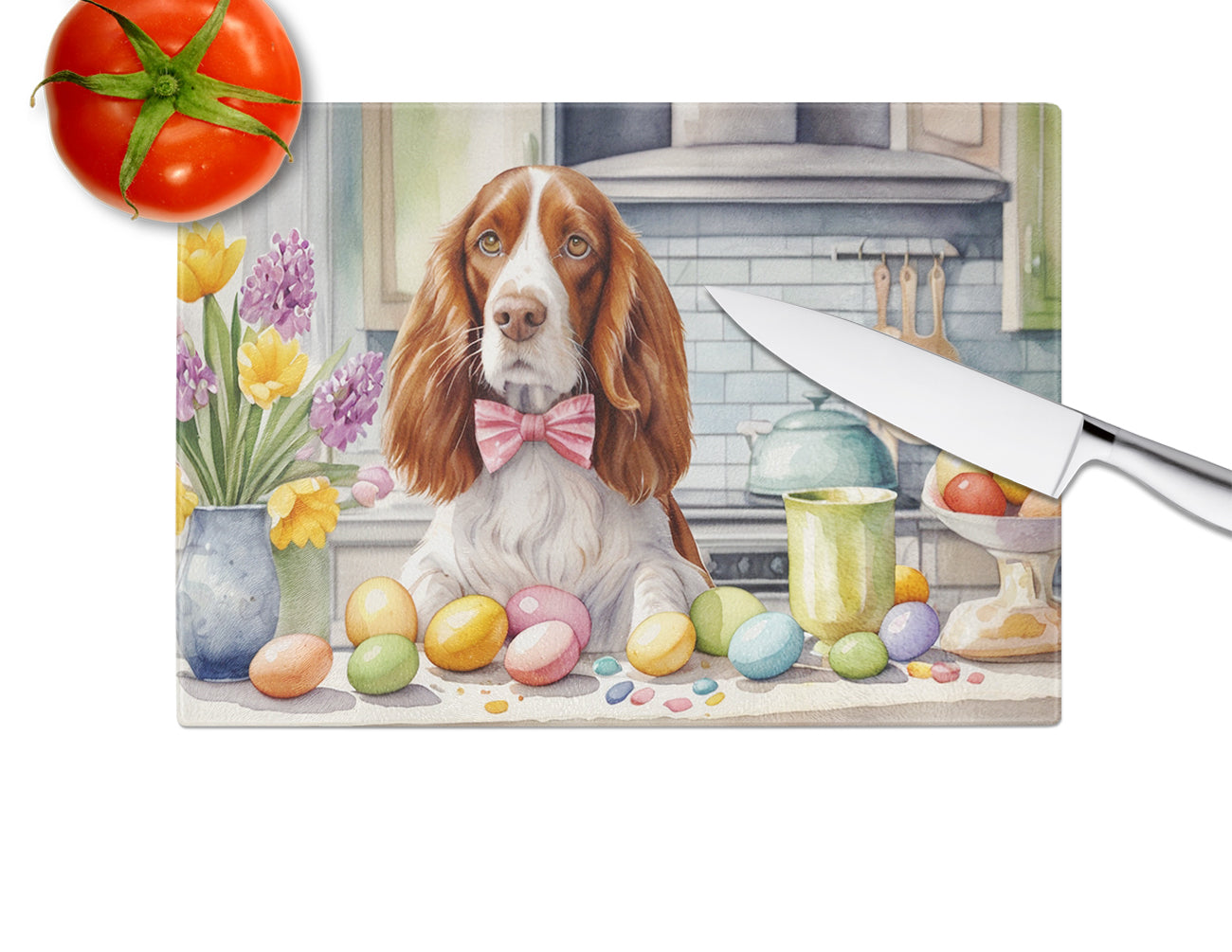 Decorating Easter Welsh Springer Spaniel Glass Cutting Board