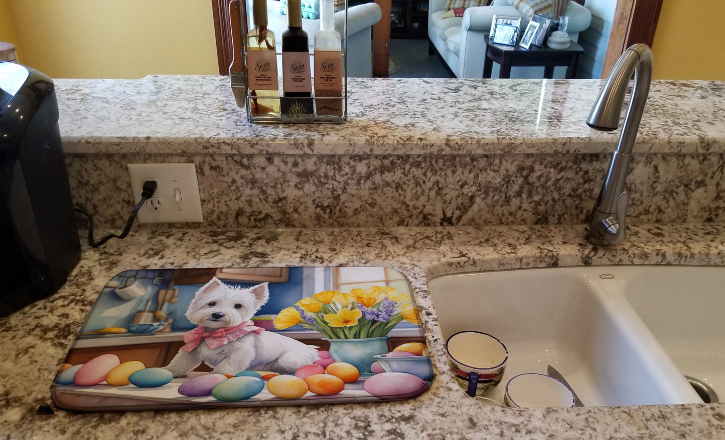 Decorating Easter Westie Dish Drying Mat