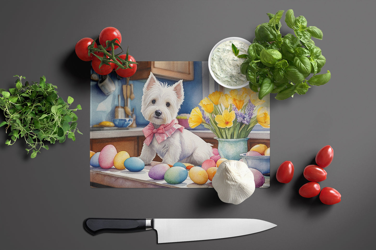 Decorating Easter Westie Glass Cutting Board