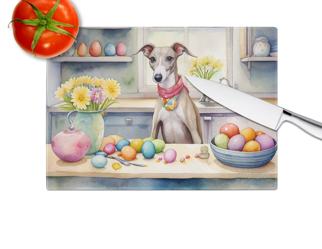 Decorating Easter Whippet Glass Cutting Board