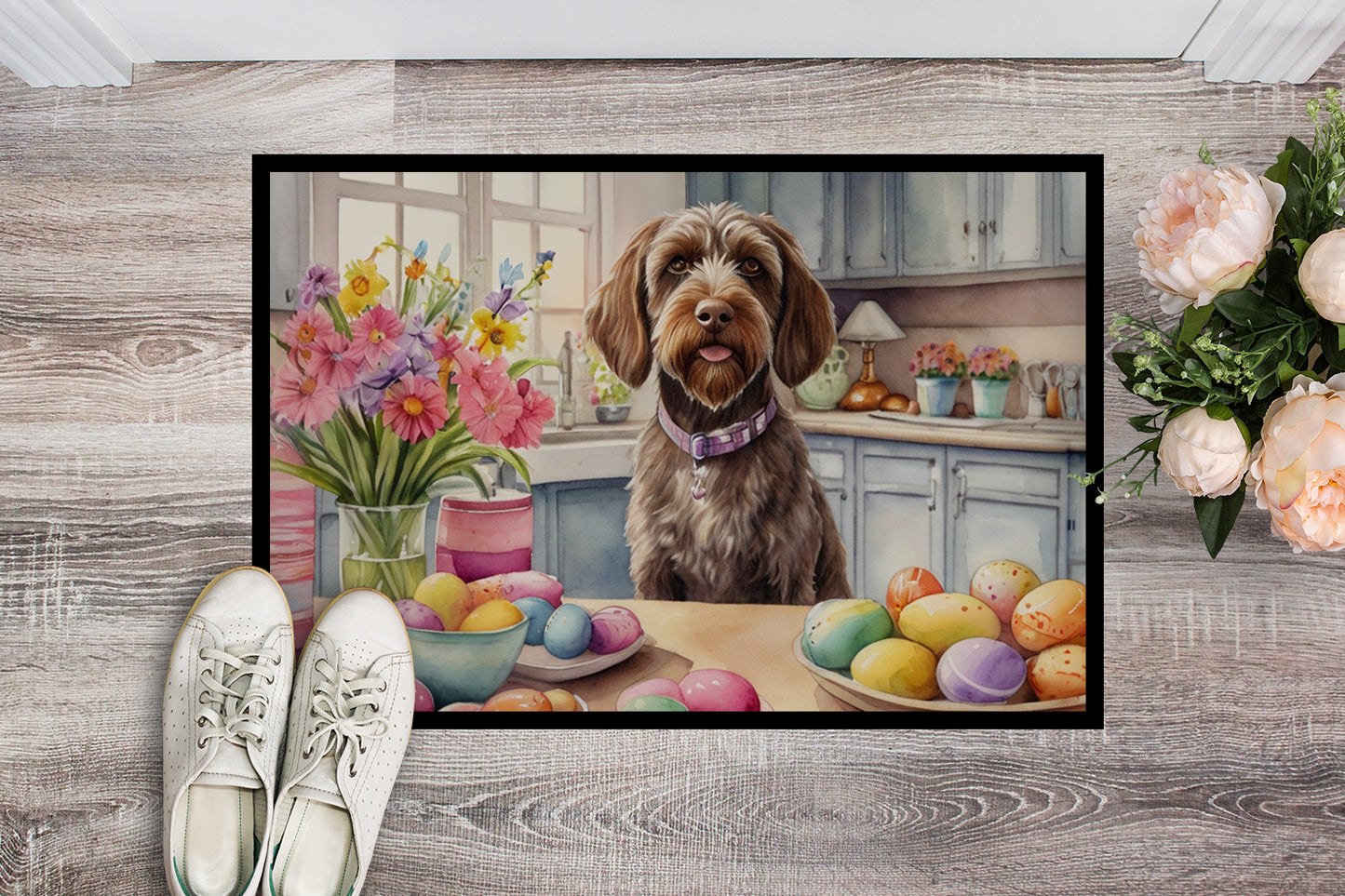 Decorating Easter Wirehaired Pointing Griffon Doormat