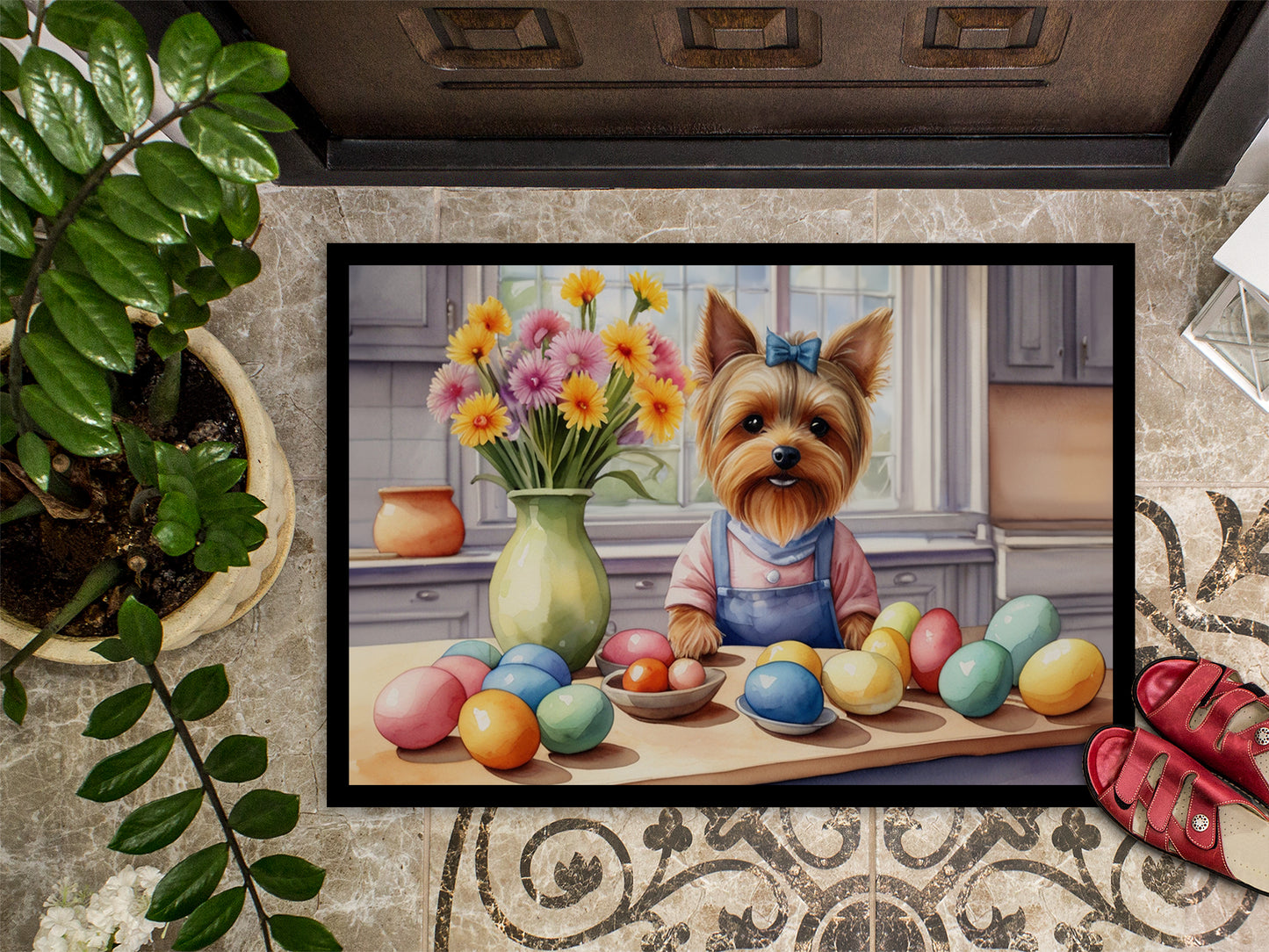 Decorating Easter Yorkshire Terrier Doormat