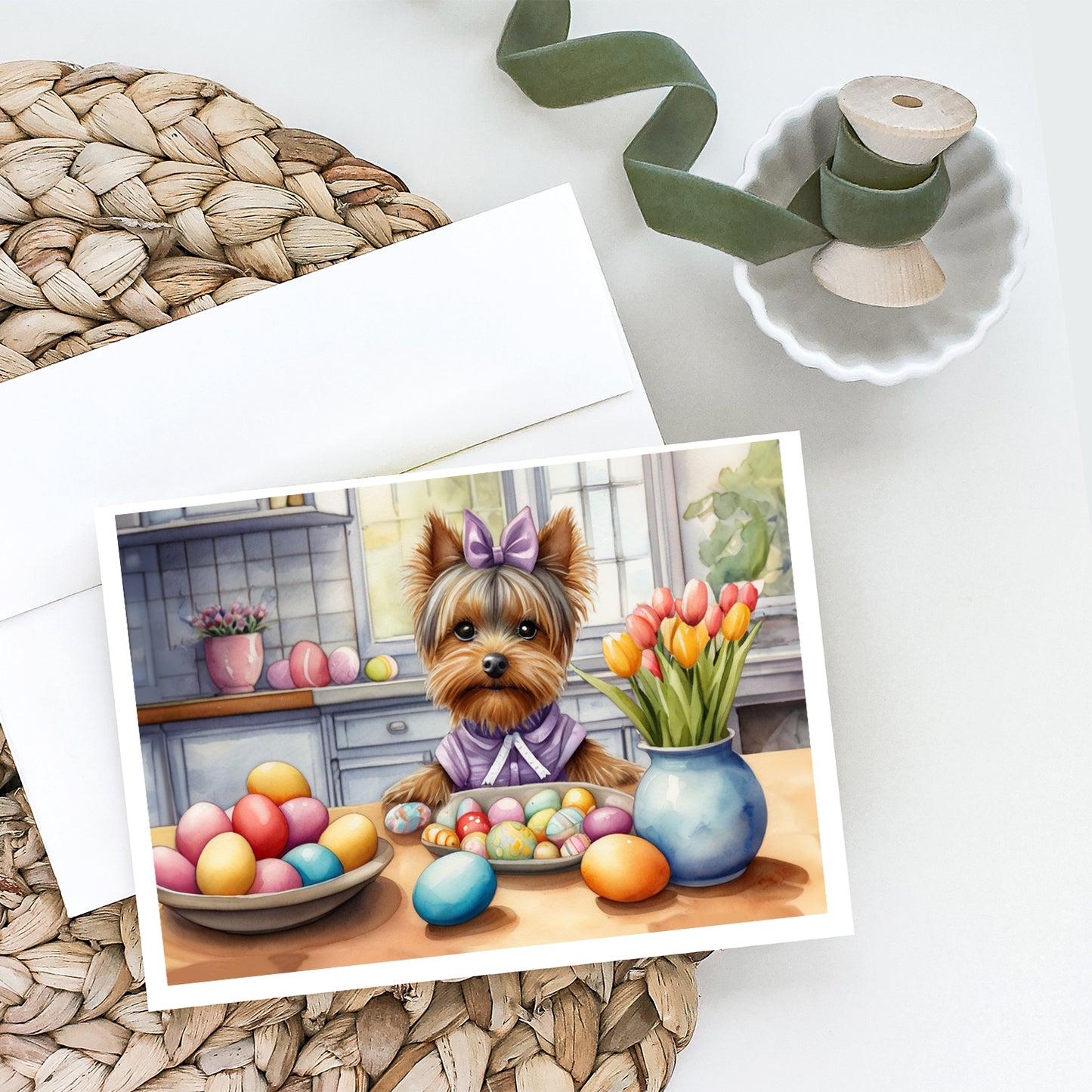 Decorating Easter Yorkshire Terrier Greeting Cards Pack of 8