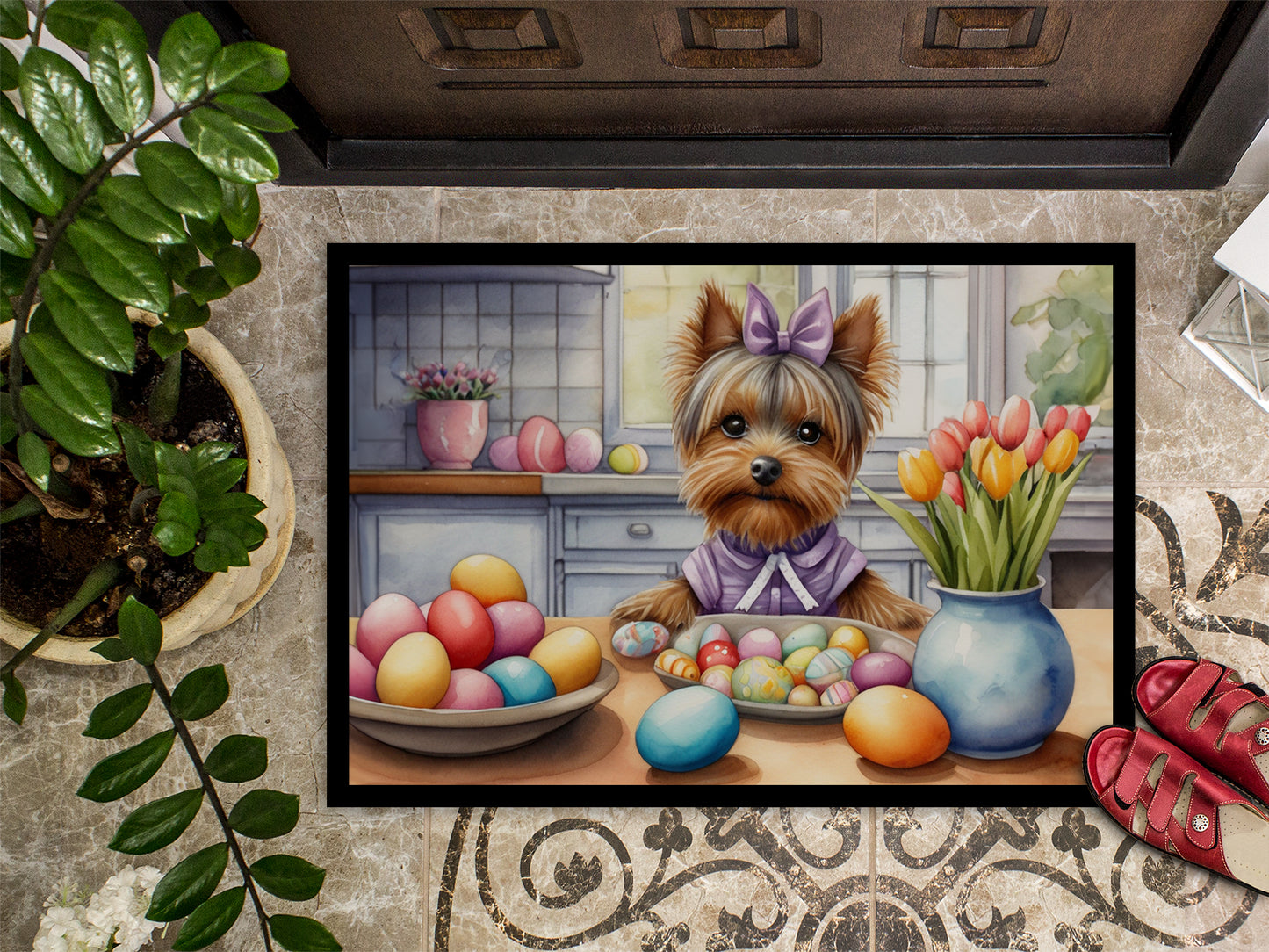 Decorating Easter Yorkshire Terrier Doormat