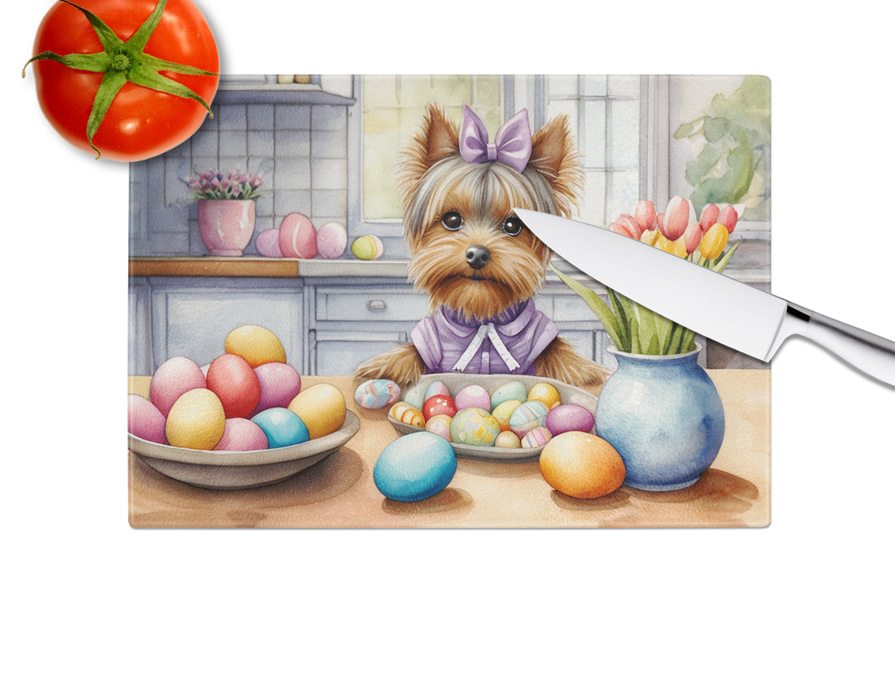 Decorating Easter Yorkshire Terrier Glass Cutting Board