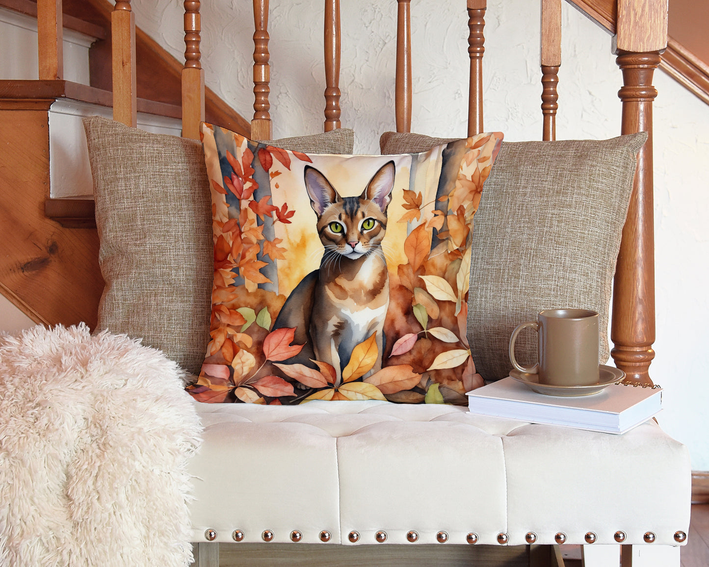 Abyssinian Cat in Fall Leaves Throw Pillow