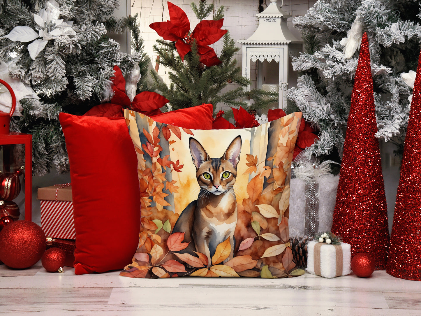 Abyssinian Cat in Fall Leaves Throw Pillow