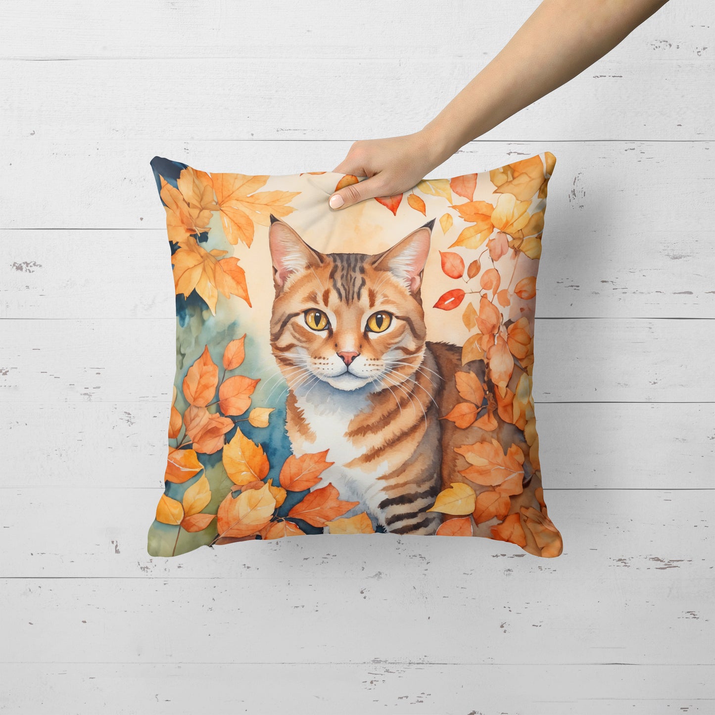 Aegean Cat in Fall Leaves Throw Pillow