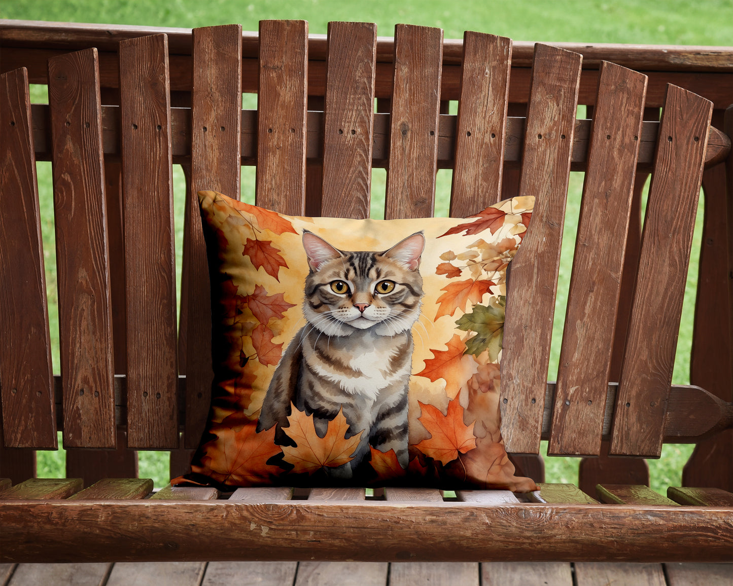 American Bobtail Cat in Fall Leaves Throw Pillow