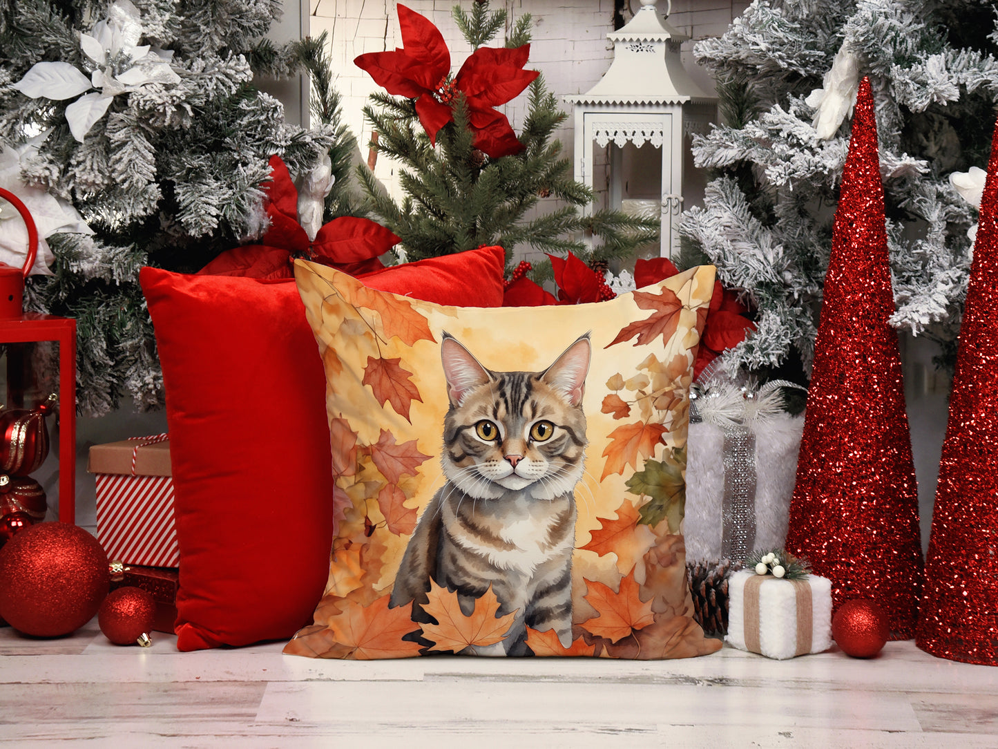 American Bobtail Cat in Fall Leaves Throw Pillow