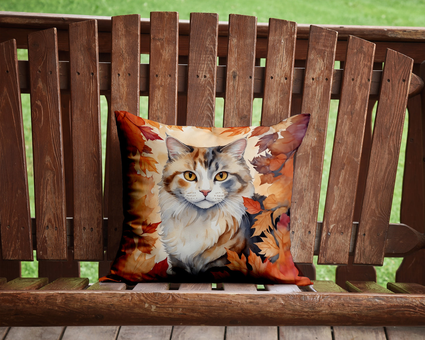 American Curl Cat in Fall Leaves Throw Pillow