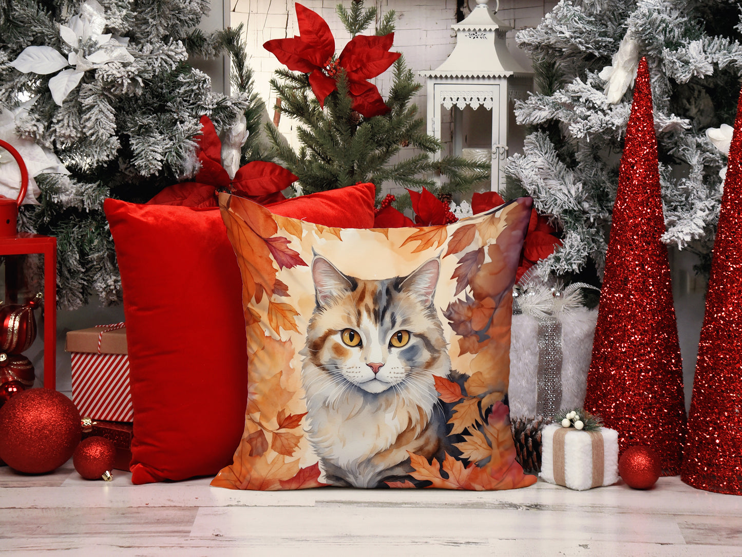 American Curl Cat in Fall Leaves Throw Pillow