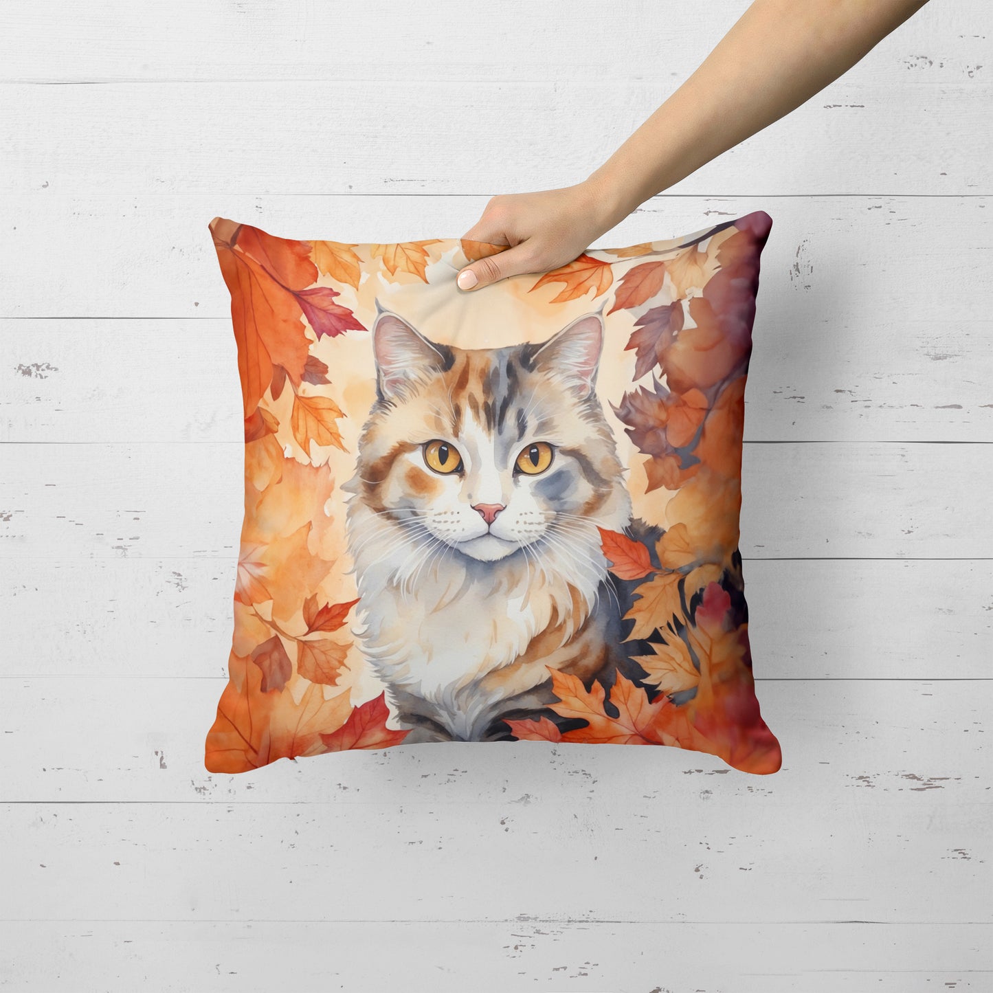 American Curl Cat in Fall Leaves Throw Pillow